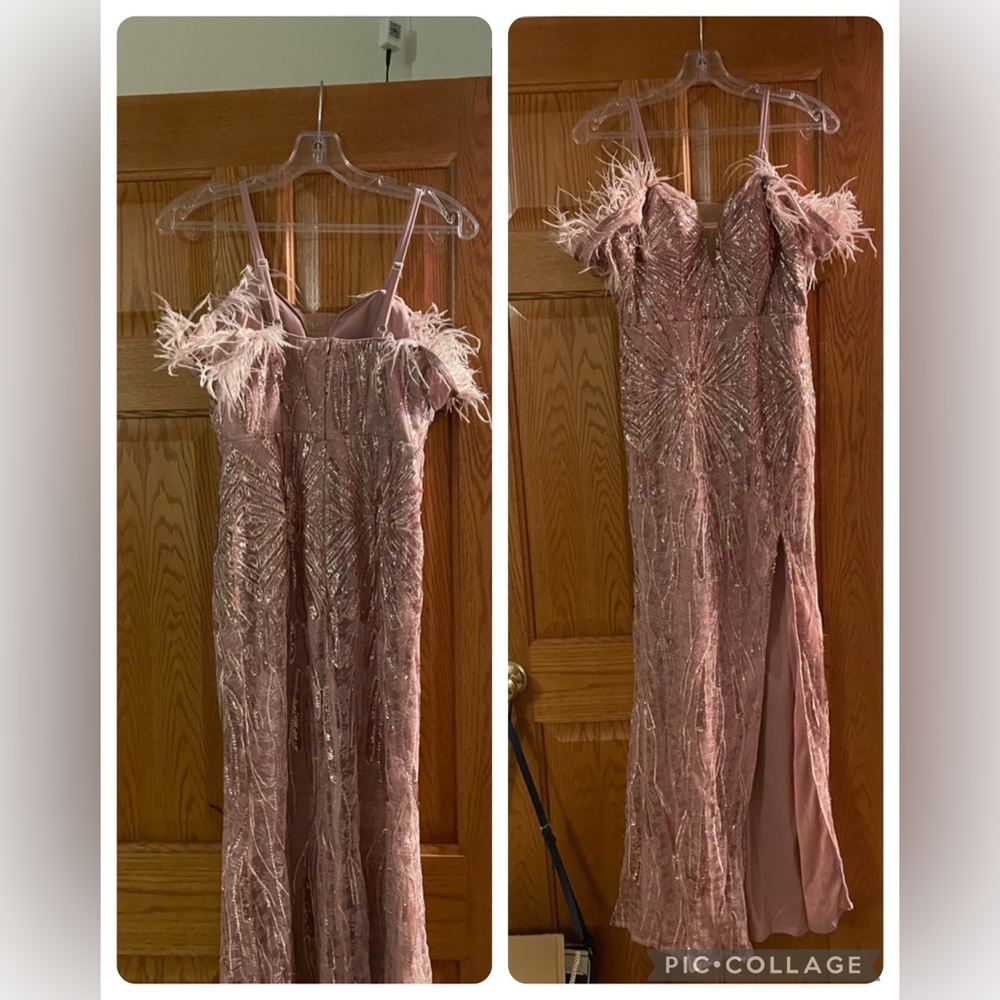 Feather sleeve prom dress